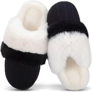 Women's Two Tone Black White Faux Fur Lining Collar Memory Foam Slippers Shoes